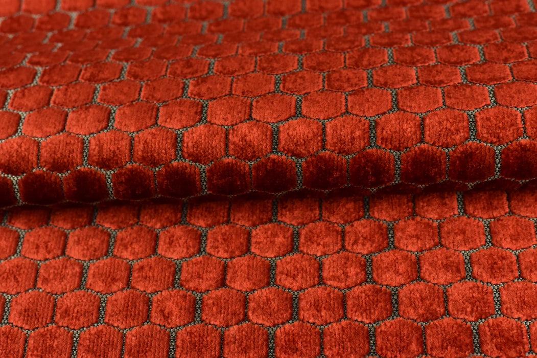 Heavy Weight Red/Golden Yellow Geometric Jacquard Cut Velvet Upholstery Fabric For Chair Couch|Vinatge Geometric Furniture Fabric