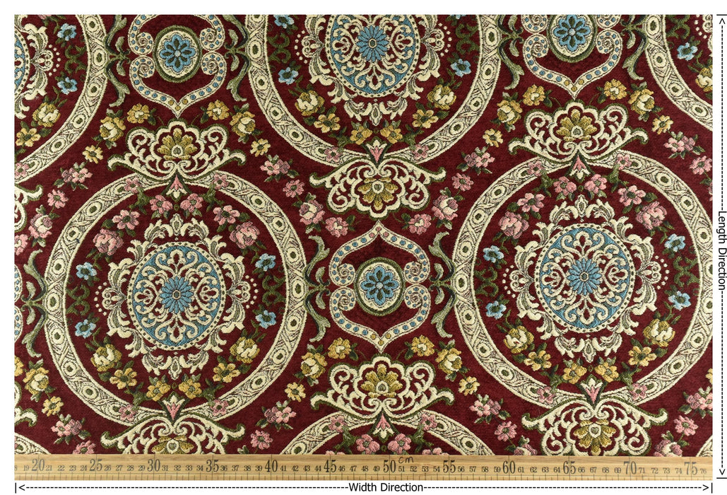 Heavy Weight MCM Vintage Red Gold Green Chenille Floral Jacquard Upholstery Fabric For Chair|Multi-Colored Farmhouse Country Decor Fabric