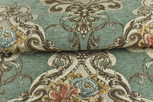 Heavy Weight MCM Vintage Green Pink Blue Large Damask Floral Jacquard Upholstery Fabric|Retro Farmhouse Home Decor Furniture Drapery Fabric