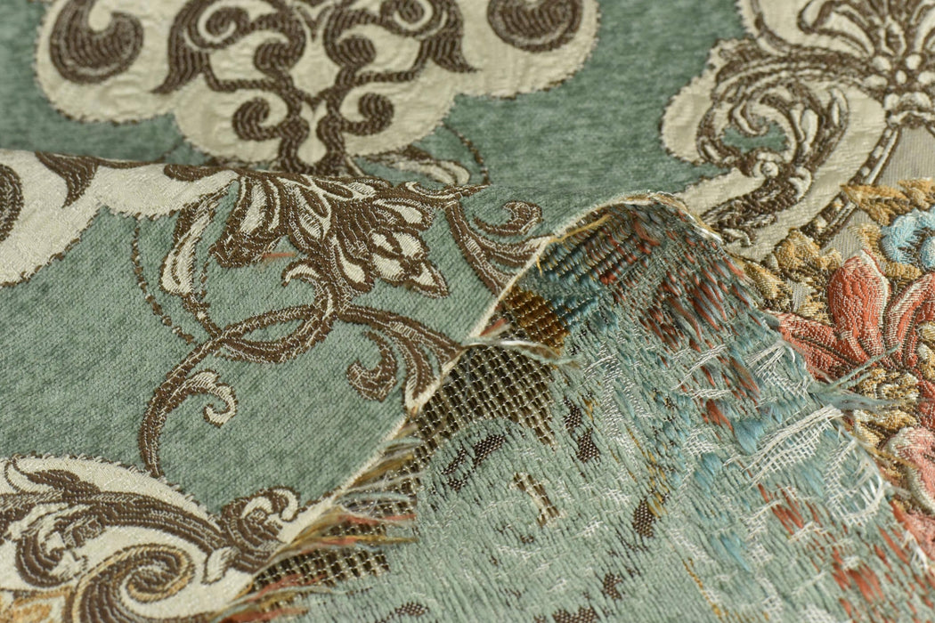 Heavy Weight MCM Vintage Green Pink Blue Large Damask Floral Jacquard Upholstery Fabric|Retro Farmhouse Home Decor Furniture Drapery Fabric