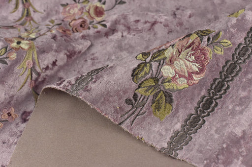 Clearance Sale!Heavy Weight Vintage French Pink Green Floral Embroideried on Purple Crushed Cut Velvet Fabric For Chair Headboard Curtain