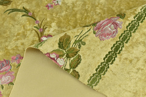 Clearance Sale!Heavy Weight Vintage French Pink Green Floral Embroideried on Yellow Crushed Cut Velvet Fabric For Chair Headboard Curtain