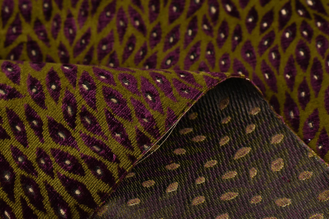 Designer Heavy Weight Burgundy and Olive Green Peacock Feather Pattern Cut Velvet Upholstery Fabric For Chair|Geometric Animal Skin Fabric