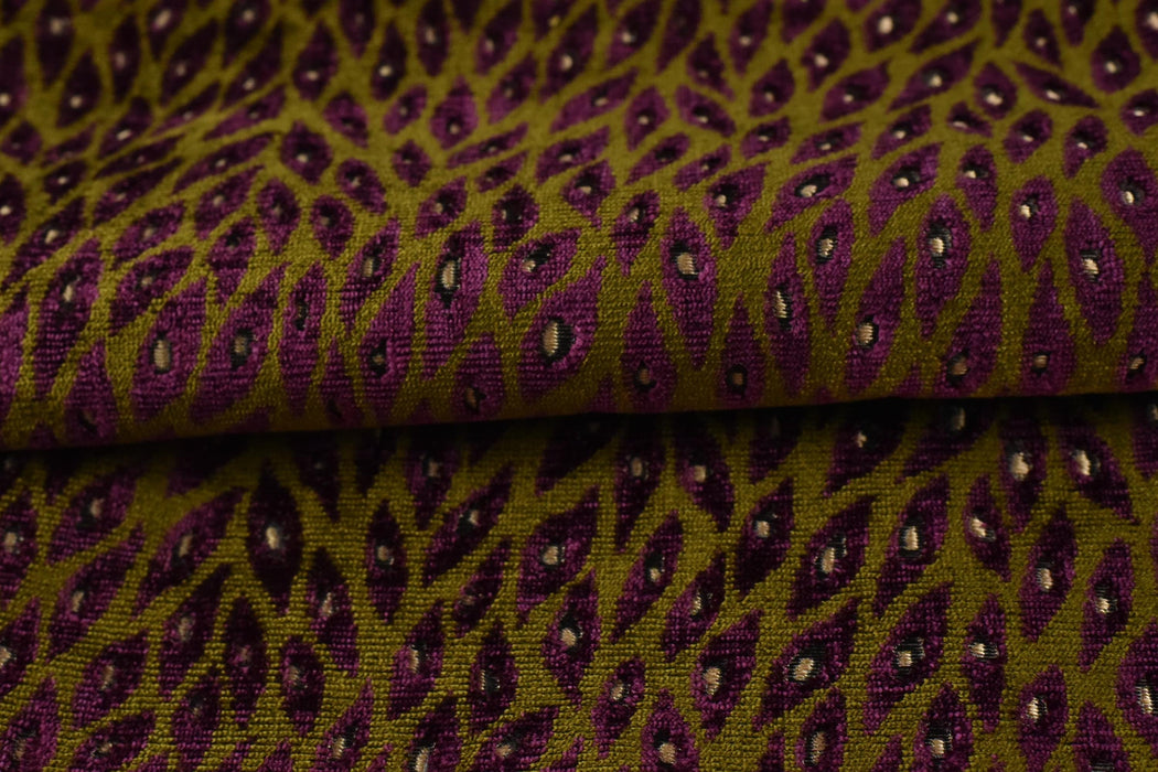 Designer Heavy Weight Burgundy and Olive Green Peacock Feather Pattern Cut Velvet Upholstery Fabric For Chair|Geometric Animal Skin Fabric