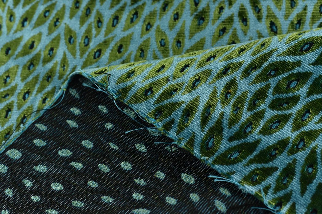 Designer Heavy Weight Blue and Green Peacock Feather Pattern Cut Velvet Upholstery Fabric For Chair|Vintage Animal Skin Geometric Fabric