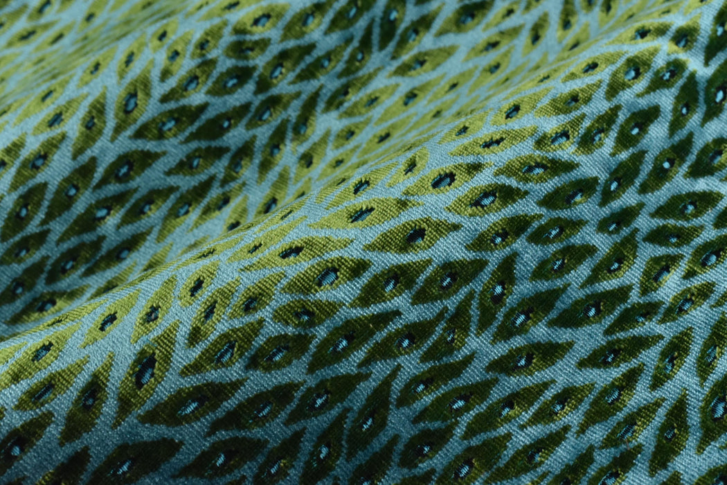 Designer Heavy Weight Blue and Green Peacock Feather Pattern Cut Velvet Upholstery Fabric For Chair|Vintage Animal Skin Geometric Fabric