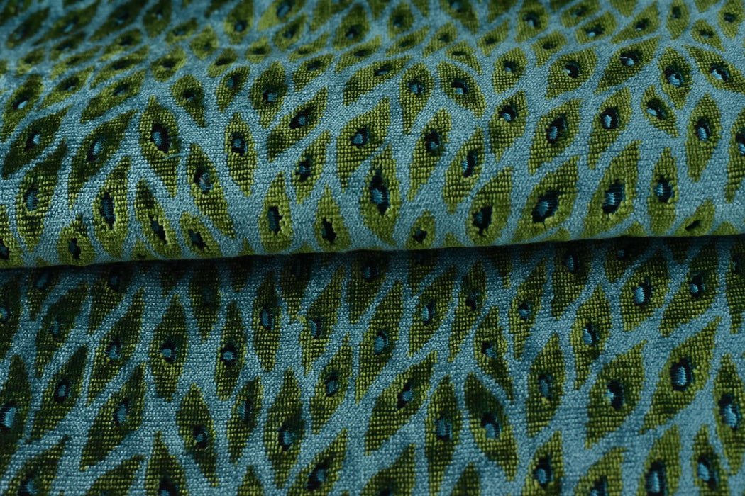 Designer Heavy Weight Blue and Green Peacock Feather Pattern Cut Velvet Upholstery Fabric For Chair|Vintage Animal Skin Geometric Fabric