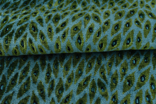 Designer Heavy Weight Blue and Green Peacock Feather Pattern Cut Velvet Upholstery Fabric For Chair|Vintage Animal Skin Geometric Fabric