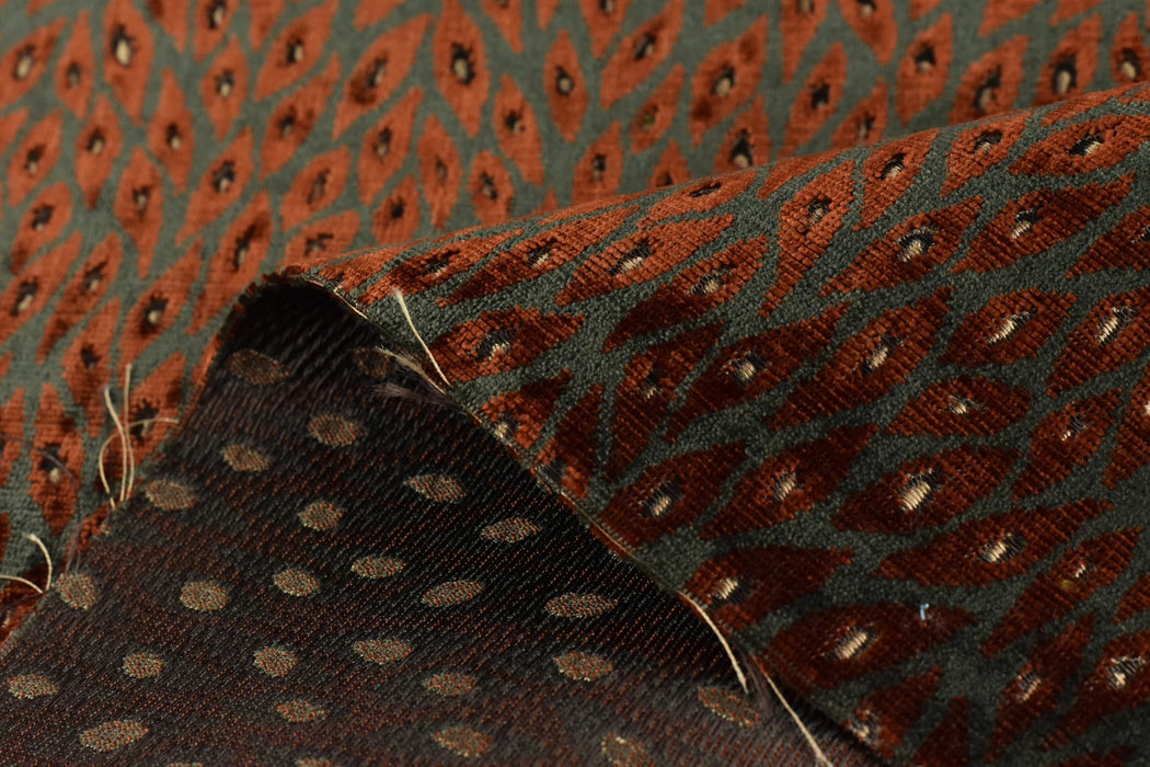 Designer Heavy Weight Red and Bronze Green Peacock Feather Pattern Cut Velvet Upholstery Fabric For Chair|Retro Animal Skin Geometric Fabric