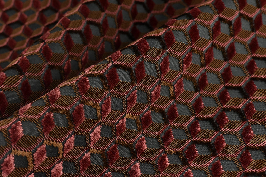 Heavy Weight Red Bronze Olive Geometric Raised Cut Velvet Upholstery Fabric For Chair|Smooth Touch Viscose Blend High End Furniture Fabric