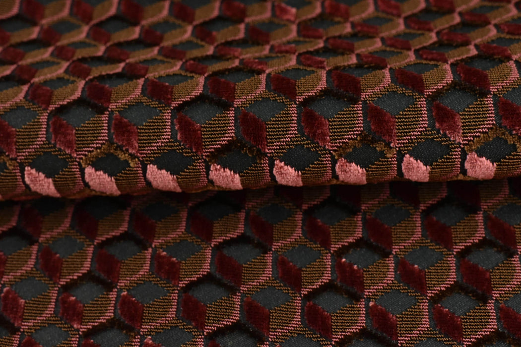 Heavy Weight Red Bronze Olive Geometric Raised Cut Velvet Upholstery Fabric For Chair|Smooth Touch Viscose Blend High End Furniture Fabric