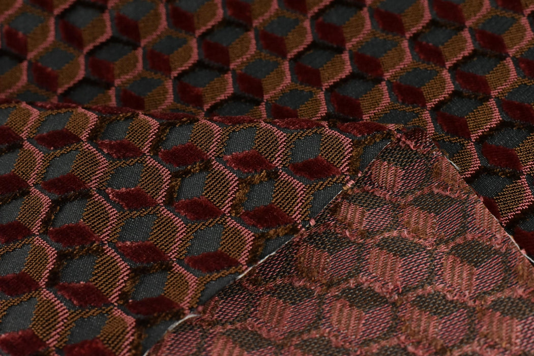 Heavy Weight Red Bronze Olive Geometric Raised Cut Velvet Upholstery Fabric For Chair|Smooth Touch Viscose Blend High End Furniture Fabric