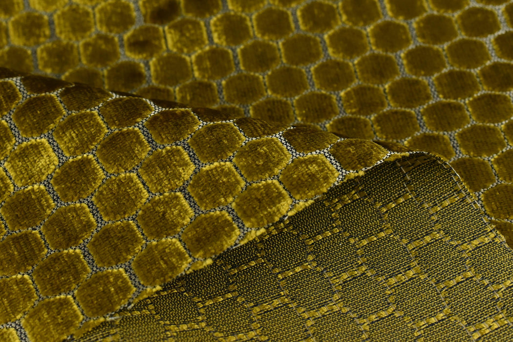 Heavy Weight Reef Gold Geometric Jacquard Cut Velvet Upholstery Fabric For Chair Couch|Vinatge Geometric Thick Velvet Furniture Fabric