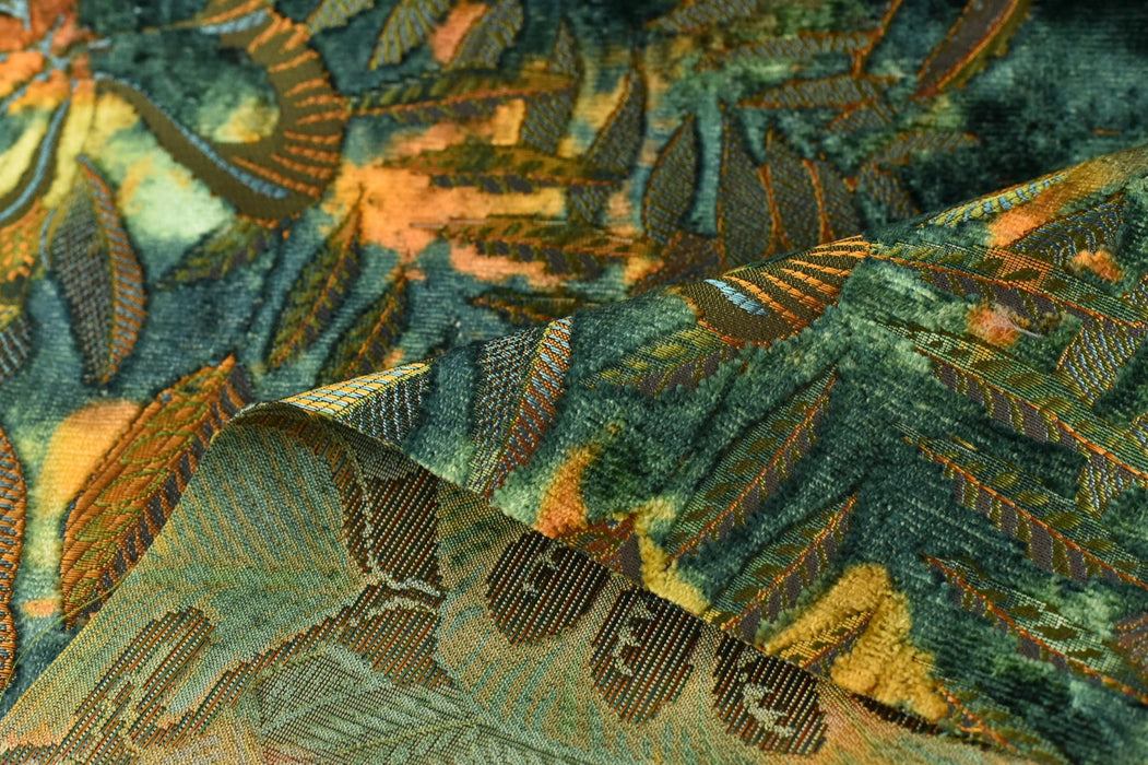 Heavy Weight Multi-Colored Tropical Botanical Leaf Raised Cut Velvet Upholstery Fabric For Chair|Blue Green Vintage Colorful Tropical Fabric