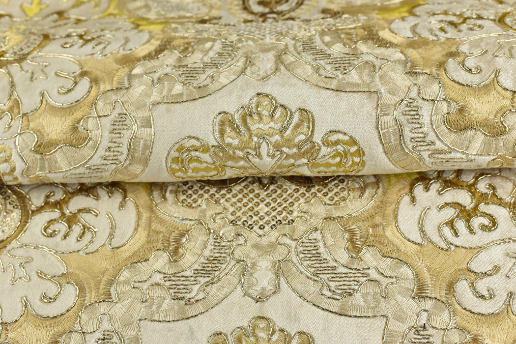 Clearance Sale!Heavy Weight Luxury Vintage French Gold Damask Floral Embroideried with Sequins on Cut Velvet Fabric For Chair and Curtain
