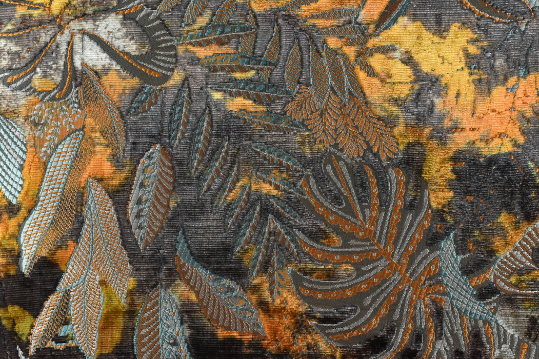 Heavy Weight Blue Gold Charcoal Tropical Botanical Leaf Cut Velvet Upholstery Fabric For Chair|Designer Vintage Colorful Tropical Fabric