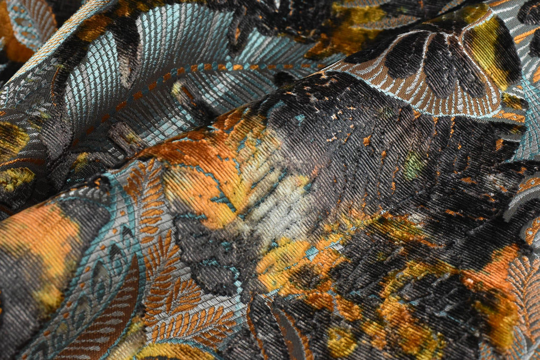 Heavy Weight Blue Gold Charcoal Tropical Botanical Leaf Cut Velvet Upholstery Fabric For Chair|Designer Vintage Colorful Tropical Fabric