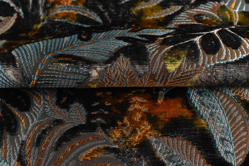 Heavy Weight Blue Gold Charcoal Tropical Botanical Leaf Cut Velvet Upholstery Fabric For Chair|Designer Vintage Colorful Tropical Fabric