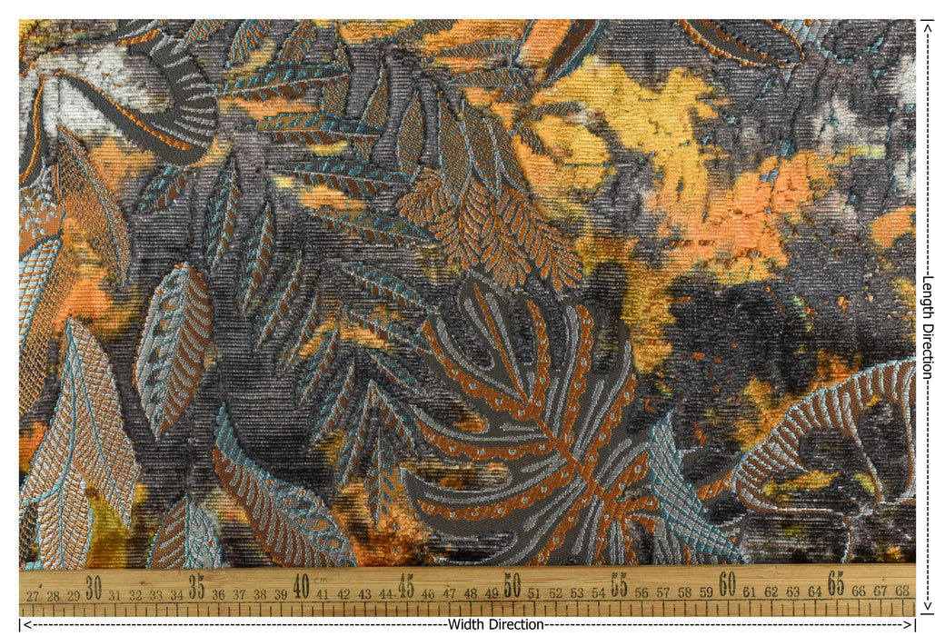 Heavy Weight Blue Gold Charcoal Tropical Botanical Leaf Cut Velvet Upholstery Fabric For Chair|Designer Vintage Colorful Tropical Fabric