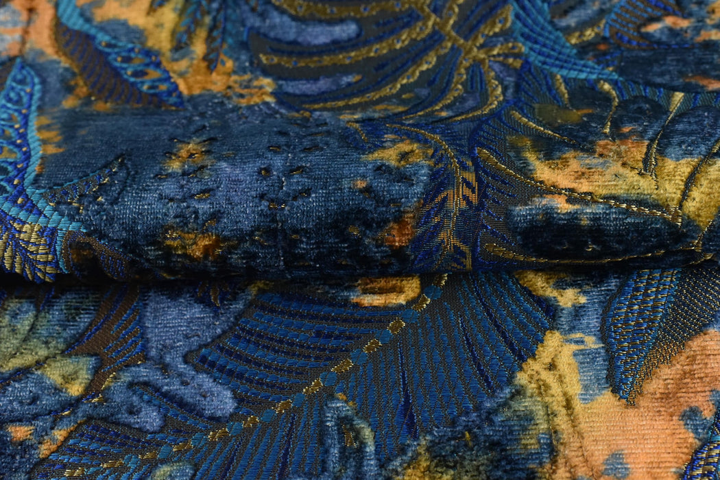 Heavy Weight Royal Blue Green Gold Tropical Botanical Leaf Cut Velvet Upholstery Fabric For Chair|Designer Vintage Colorful Tropical Fabric