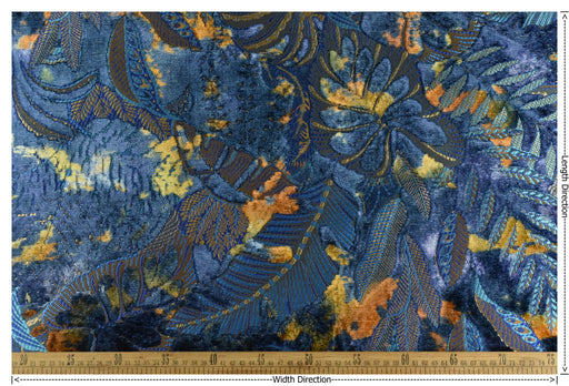 Heavy Weight Royal Blue Green Gold Tropical Botanical Leaf Cut Velvet Upholstery Fabric For Chair|Designer Vintage Colorful Tropical Fabric