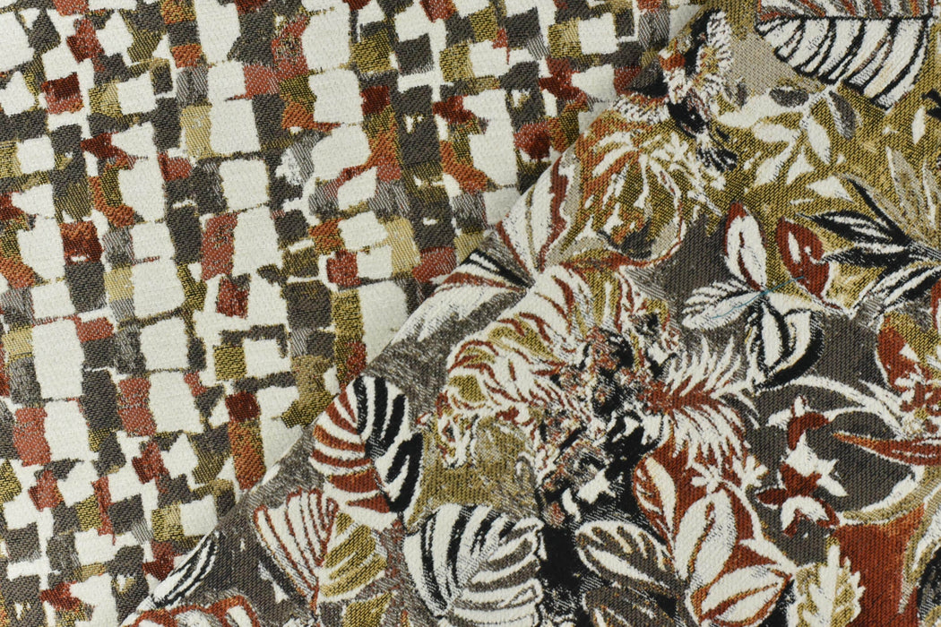 Heavy Weight Burnt Orange Chartreuse Green Upholsetry Fabric|Botanical Floral Jacquard Fabric|Abstract Geometric Furniture Fabric for Chairs