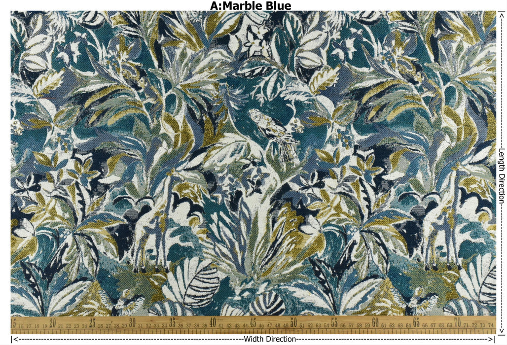 Heavy Weight Blue and Green Tropical Upholsetry Fabric|Botanical Floral Jacquard Fabric|Abstract Geometric Furniture Fabric for Chairs