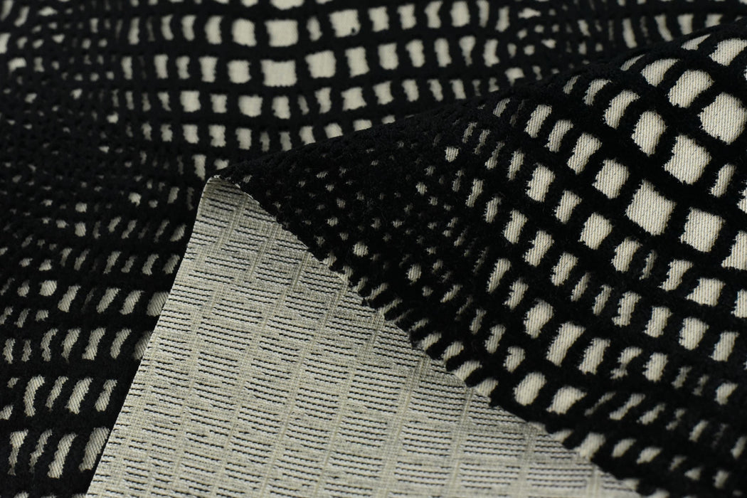 Heavy Weight Black Abstract Vintage Crocodile Skin Raised Cut Velvet For Chair|Heavy Duty Geometric Jacquard Thick Velvet Furniture Fabric