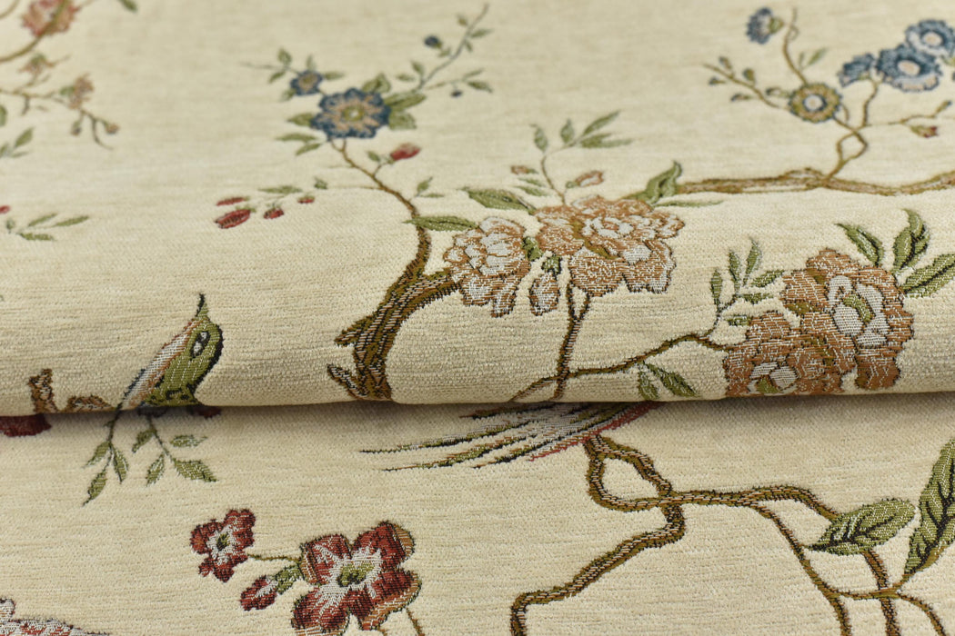 Heavy Weight Mid Century Modern Red Blue and Green Bird Floral Chenille Upholstery Fabric For Chair|Botanical Animal Flower Furniture Fabric