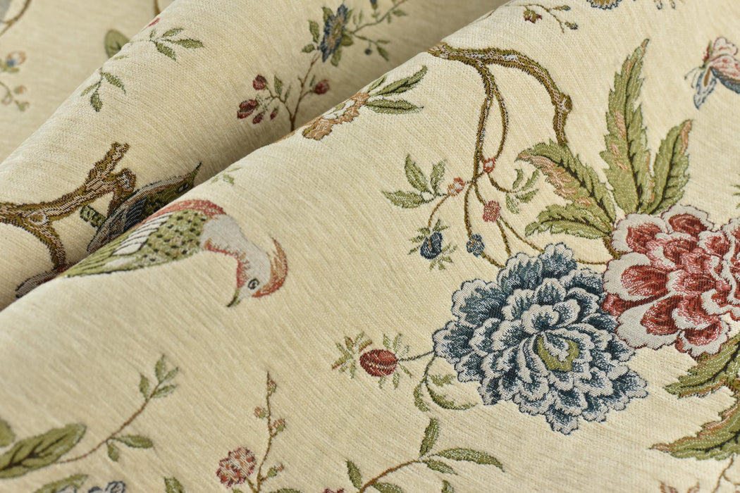 Heavy Weight Mid Century Modern Red Blue and Green Bird Floral Chenille Upholstery Fabric For Chair|Botanical Animal Flower Furniture Fabric