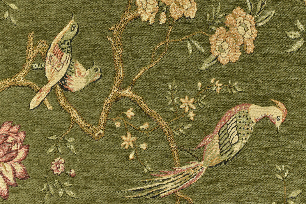 Heavy Weight Mid Century Modern Red Blue and Green Bird Floral Chenille Upholstery Fabric For Chair|Botanical Animal Flower Furniture Fabric