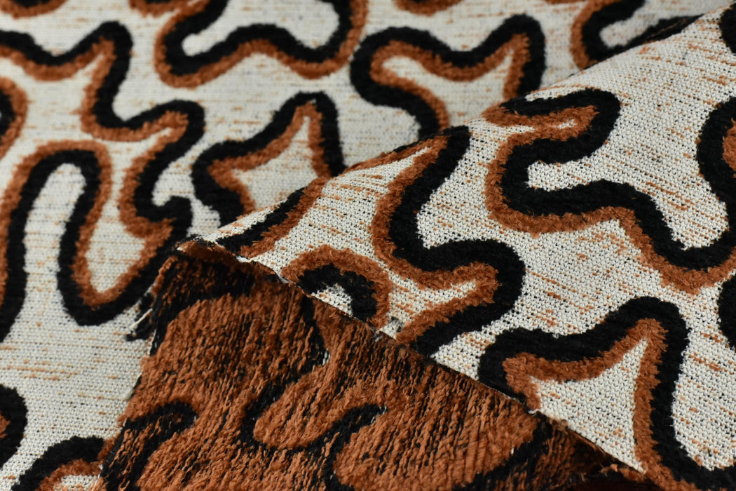 Heavy Weight Burnt Orange and Black Chenille Woven Abstract Geometric Upholstery Fabric For Chair|Chunky Texture Furniture Fabric For Pillow