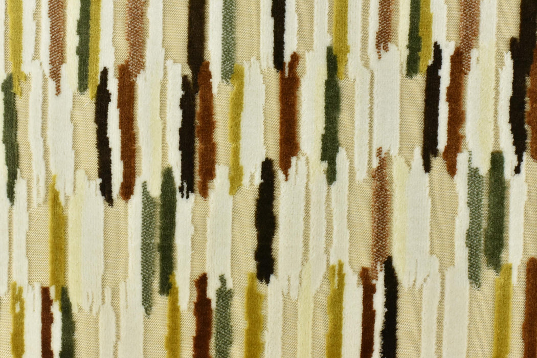 Heavyweight Multi-Colored Cut Velvet Upholstery Fabric|Modern Abstract Raised Stripe in Green Gold Brown White Furniture Fabric for Chairs