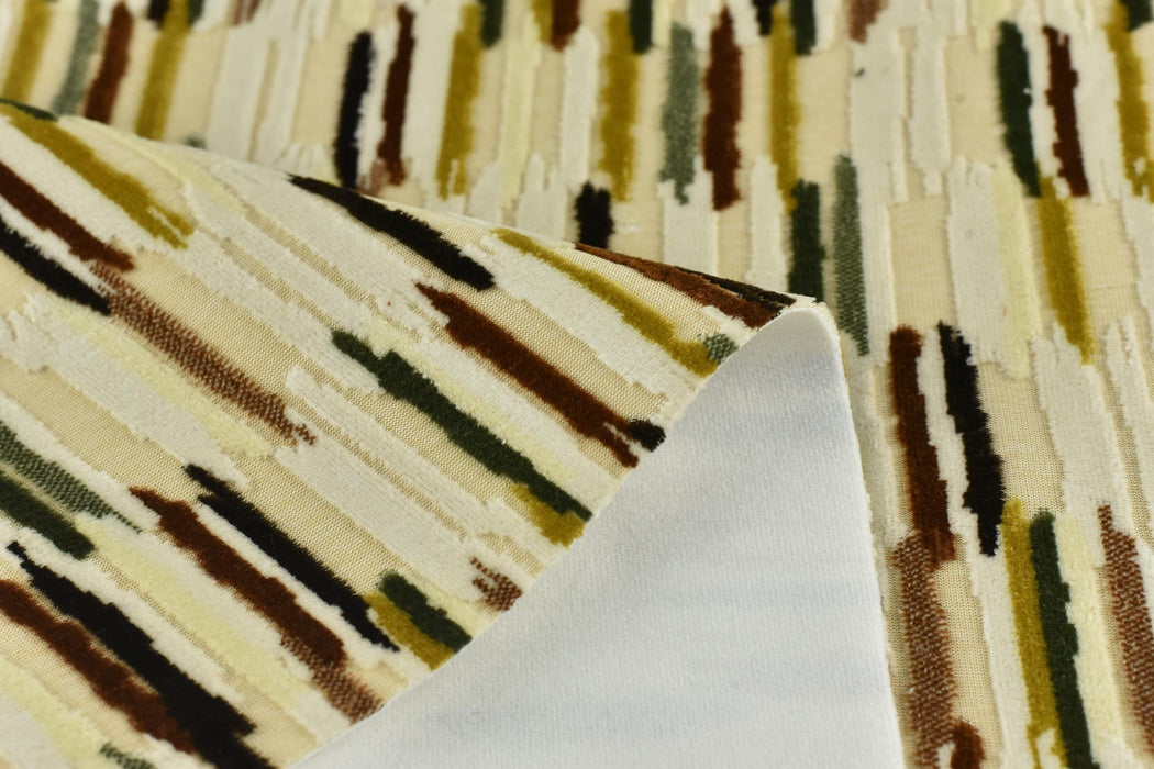 Heavyweight Multi-Colored Cut Velvet Upholstery Fabric|Modern Abstract Raised Stripe in Green Gold Brown White Furniture Fabric for Chairs