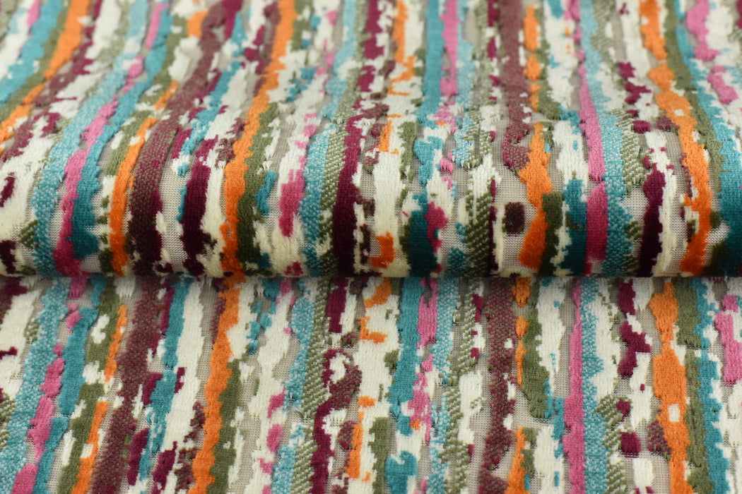 Heavyweight Multi-Colored Cut Velvet Upholstery Fabric|Modern Abstract Raised Stripe in Purple Pink Olive Green Furniture Fabric for Chairs