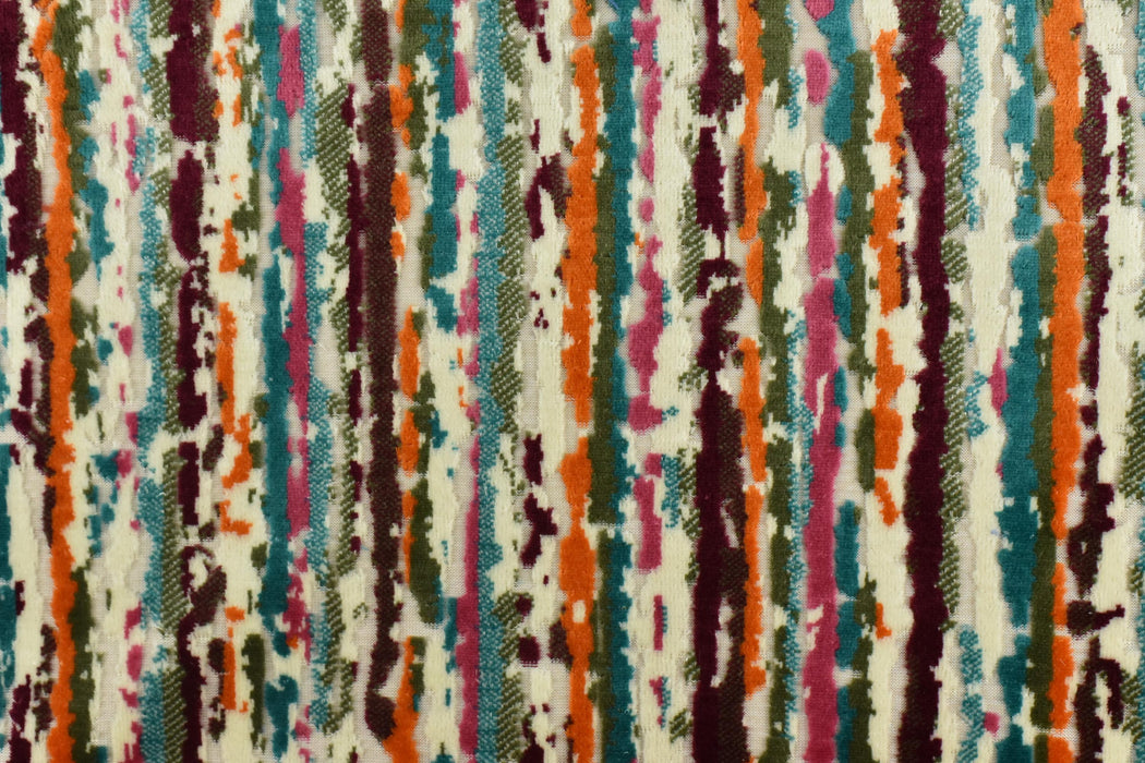 Heavyweight Multi-Colored Cut Velvet Upholstery Fabric|Modern Abstract Raised Stripe in Purple Pink Olive Green Furniture Fabric for Chairs