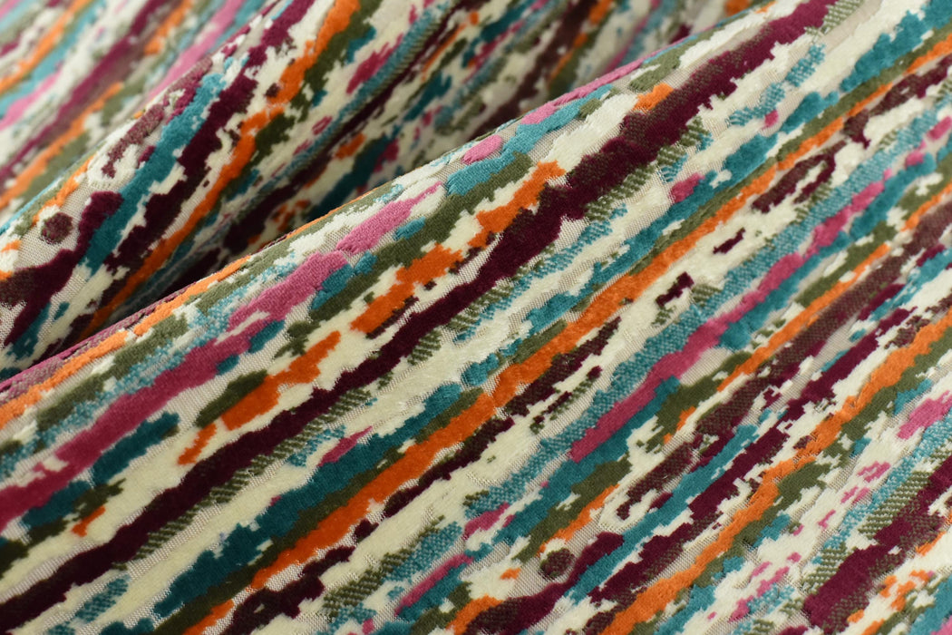 Heavyweight Multi-Colored Cut Velvet Upholstery Fabric|Modern Abstract Raised Stripe in Purple Pink Olive Green Furniture Fabric for Chairs