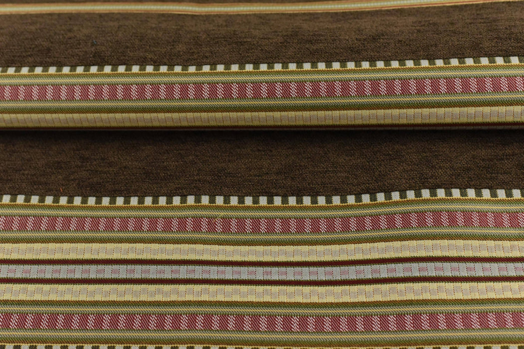 Mid Century Modern Brown Red Green Striped Chenille Upholstery Fabric|Vintage Jacquard Woven Geometric Fabric for Chairs, Couches, Pillows