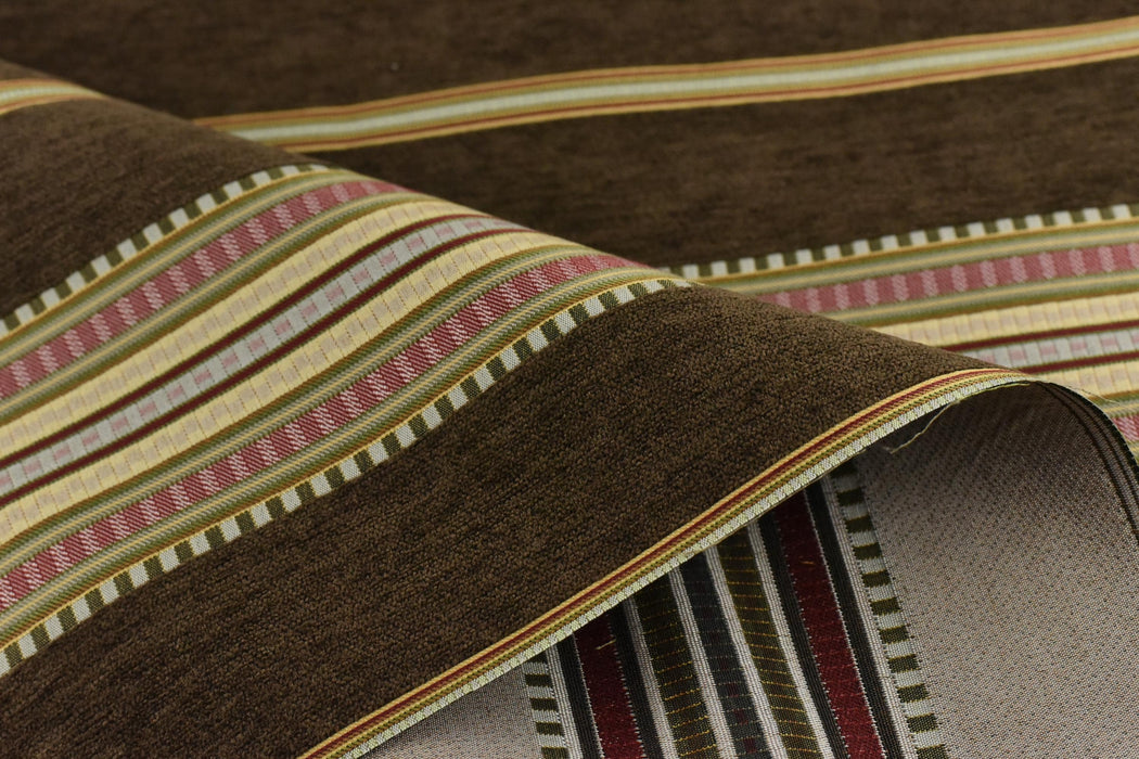 Mid Century Modern Brown Red Green Striped Chenille Upholstery Fabric|Vintage Jacquard Woven Geometric Fabric for Chairs, Couches, Pillows