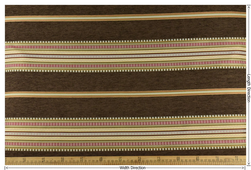 Mid Century Modern Brown Red Green Striped Chenille Upholstery Fabric|Vintage Jacquard Woven Geometric Fabric for Chairs, Couches, Pillows