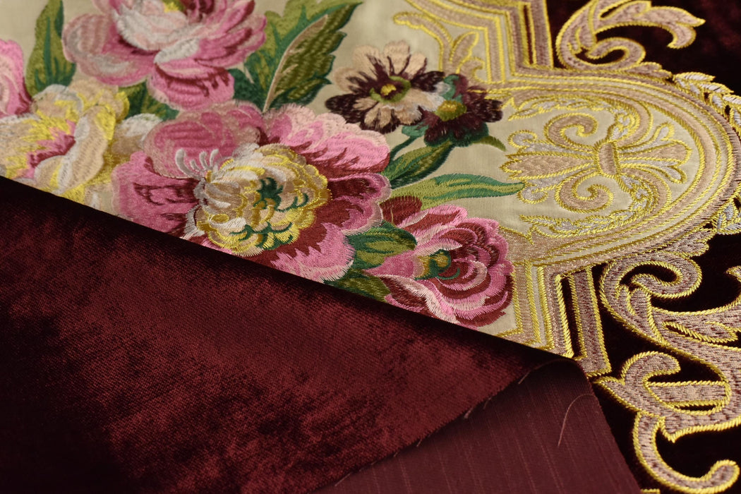 CLEARANCE SALE!Antique Pink Green Embroidered Floral on Red Cut Velvet Upholstery Fabric|Heavyweight Large Alabaster Rose Fabric for Chairs