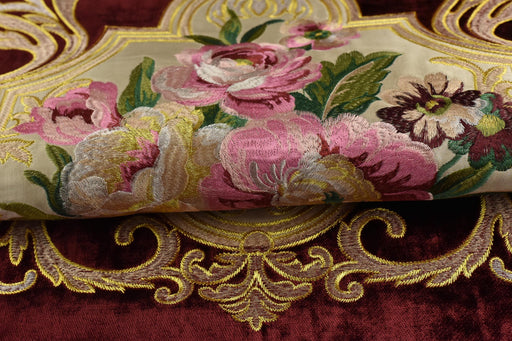 CLEARANCE SALE!Antique Pink Green Embroidered Floral on Red Cut Velvet Upholstery Fabric|Heavyweight Large Alabaster Rose Fabric for Chairs