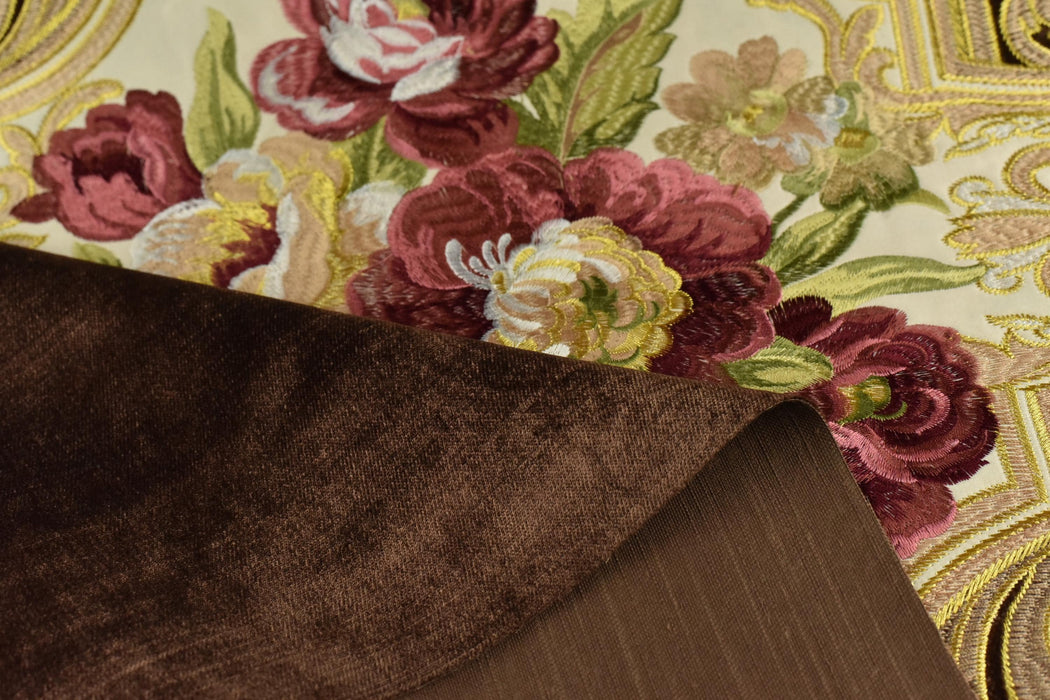 CLEARANCE SALE!Antique Red Green Embroidered Floral on Brown Cut Velvet Upholstery Fabric|Heavyweight Large Alabaster Rose Fabric for Chairs