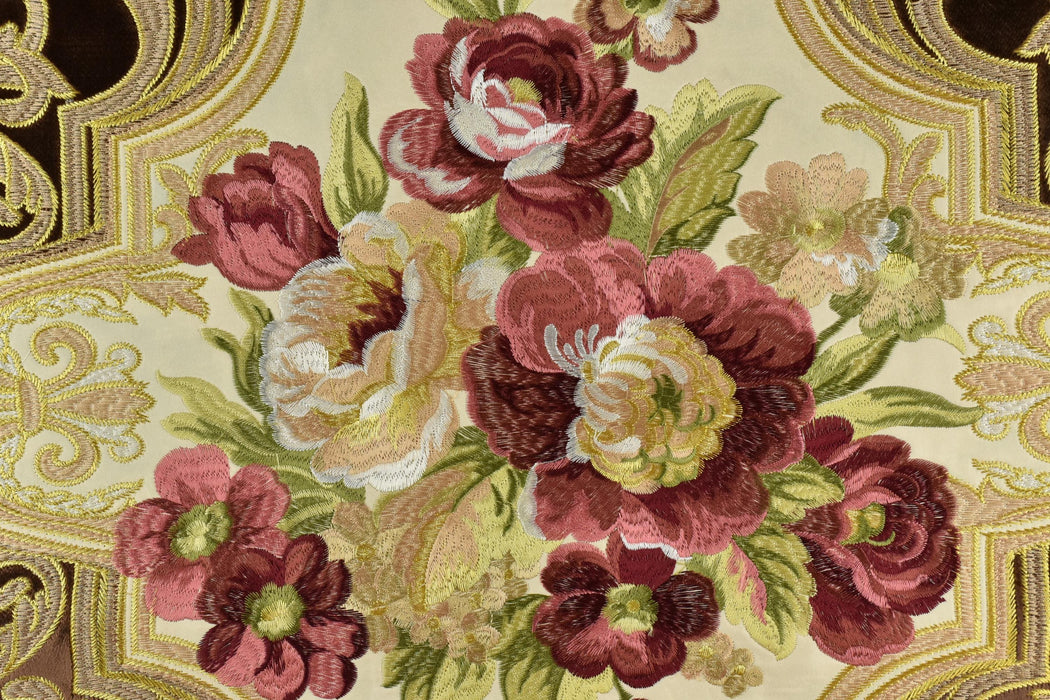 CLEARANCE SALE!Antique Red Green Embroidered Floral on Brown Cut Velvet Upholstery Fabric|Heavyweight Large Alabaster Rose Fabric for Chairs