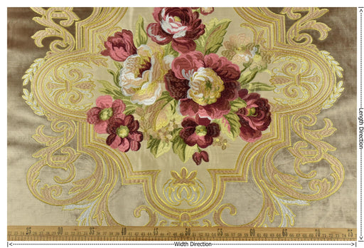 CLEARANCE SALE!Antique Red Gold Green Embroidered Floral on Pale Brown Cut Velvet Upholstery Fabric|Heavy Weight Large Alabaster Rose Fabric