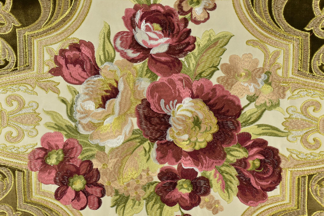 CLEARANCE SALE!Antique Red Gold Green Embroidered Floral on Olive Cut Velvet Upholstery Fabric|Heavy Large Alabaster Rose Fabric for Chairs