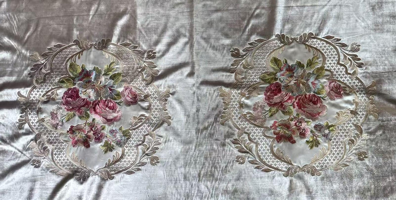 Clearance Sale!Heavy Weight Antique Pink Green Rose Floral Embroidered Cream Cut Velvet Fabric For Chair|Luxury Botanical Upholstery Fabric