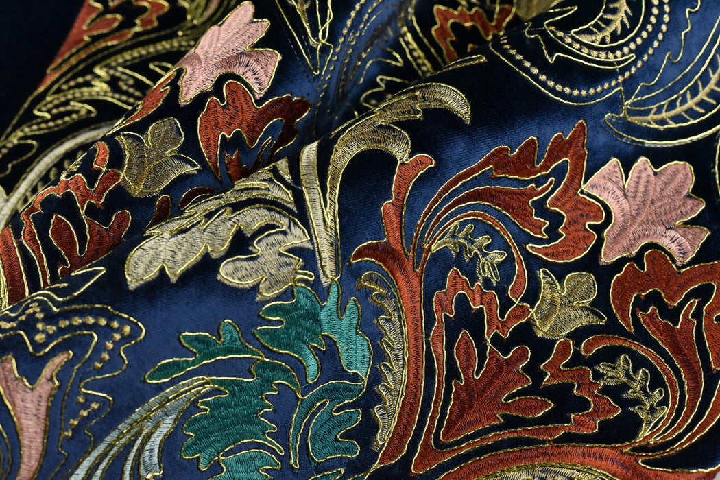 Clearance Sale!Heavy Weight Vintage Gold Rust Teal Damask Floral Embroidered Navy Cut Velvet Upholstery Fabric|Luxury Fabric For Furniture