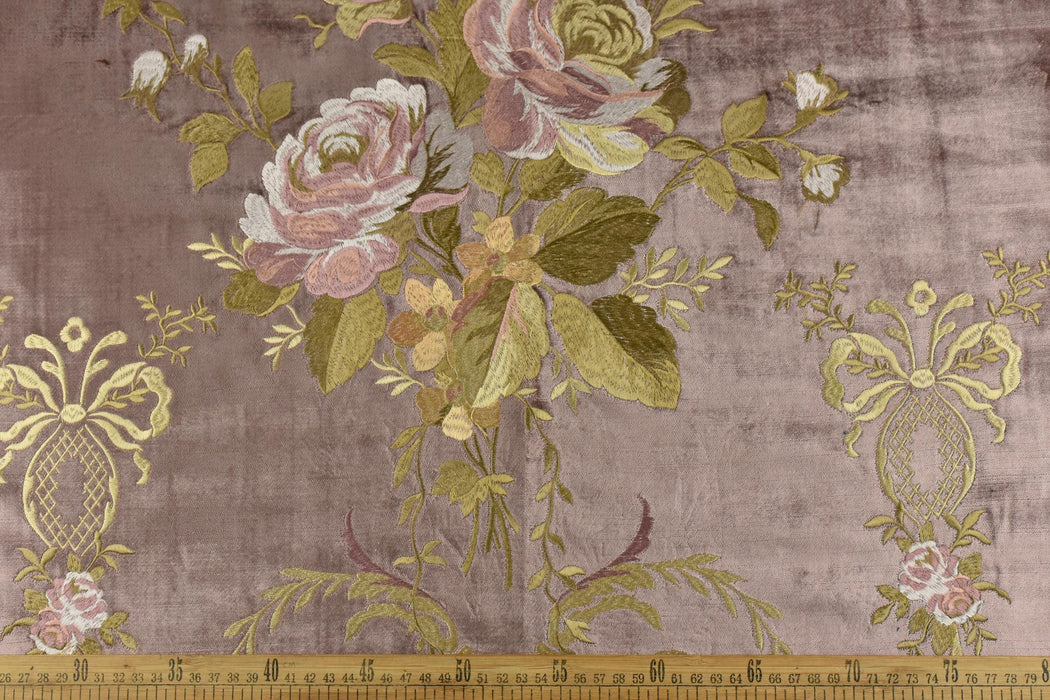 Clearance Sale!Heavy Weight Vintage Pink Cream Rose Floral Embroidered Mauve Cut Velvet Upholstery Fabric|Luxury Fabric For Furniture
