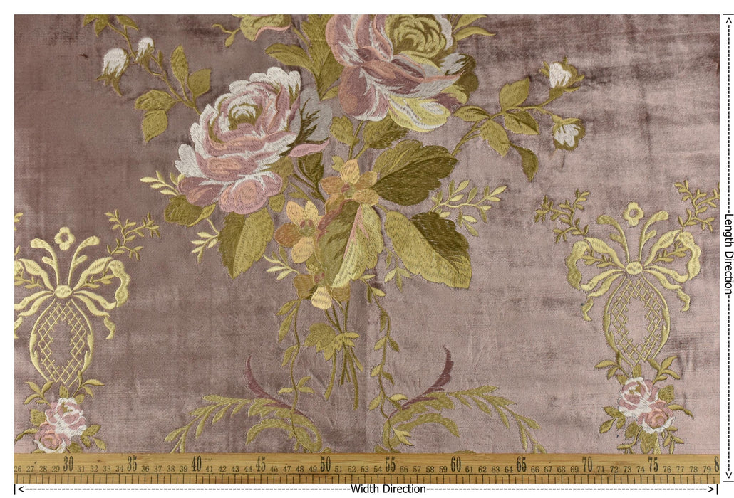Clearance Sale!Heavy Weight Vintage Pink Cream Rose Floral Embroidered Mauve Cut Velvet Upholstery Fabric|Luxury Fabric For Furniture
